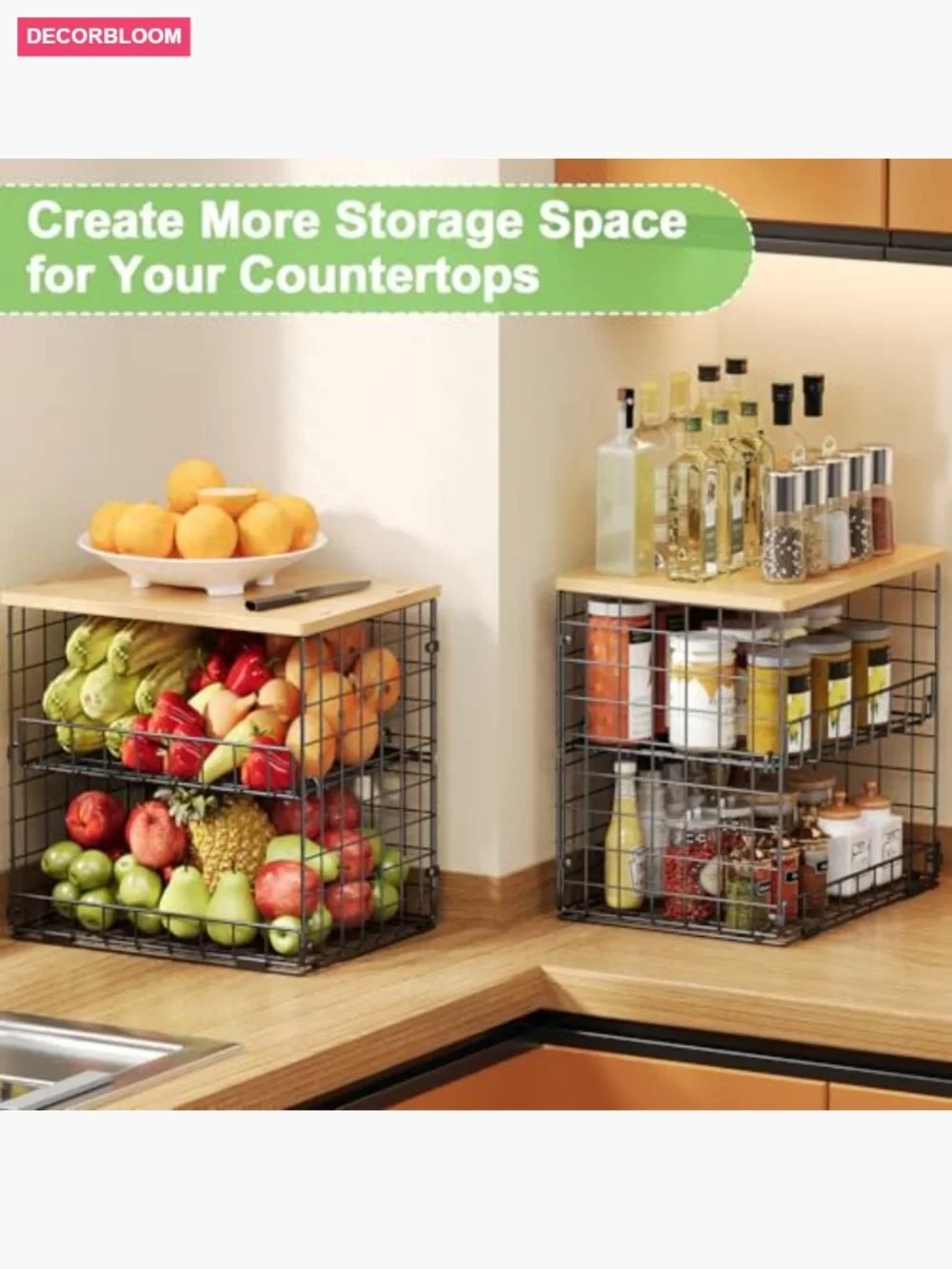 4 Pack Stackable Wire Baskets with Wooden Top for Kitchen Storage